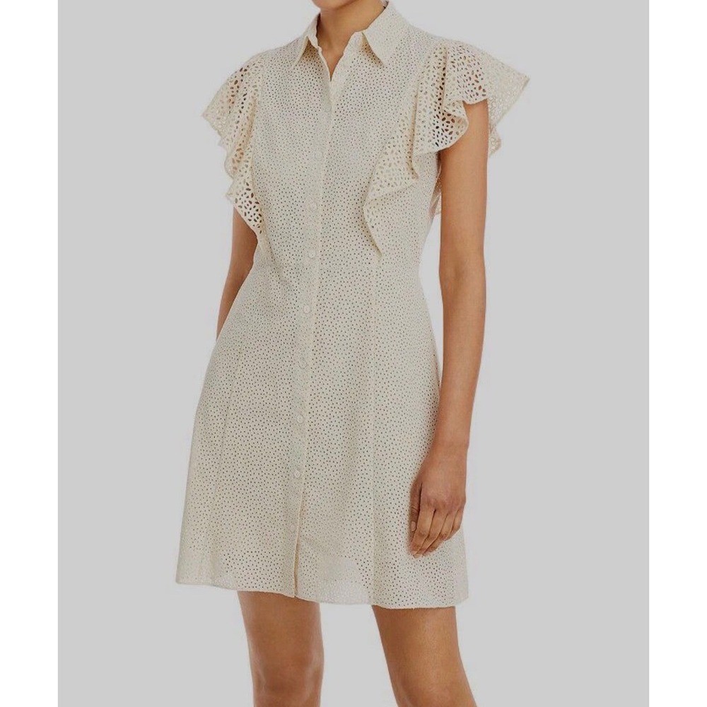 Theory‎ Size 10 Mini Shift Dress Tan Cotton Eyelet Nova Ruffled Sleeves Collared